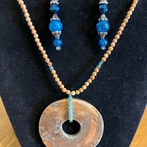 Round earth tone disk jasper like beads and lever back glass earrings 30”